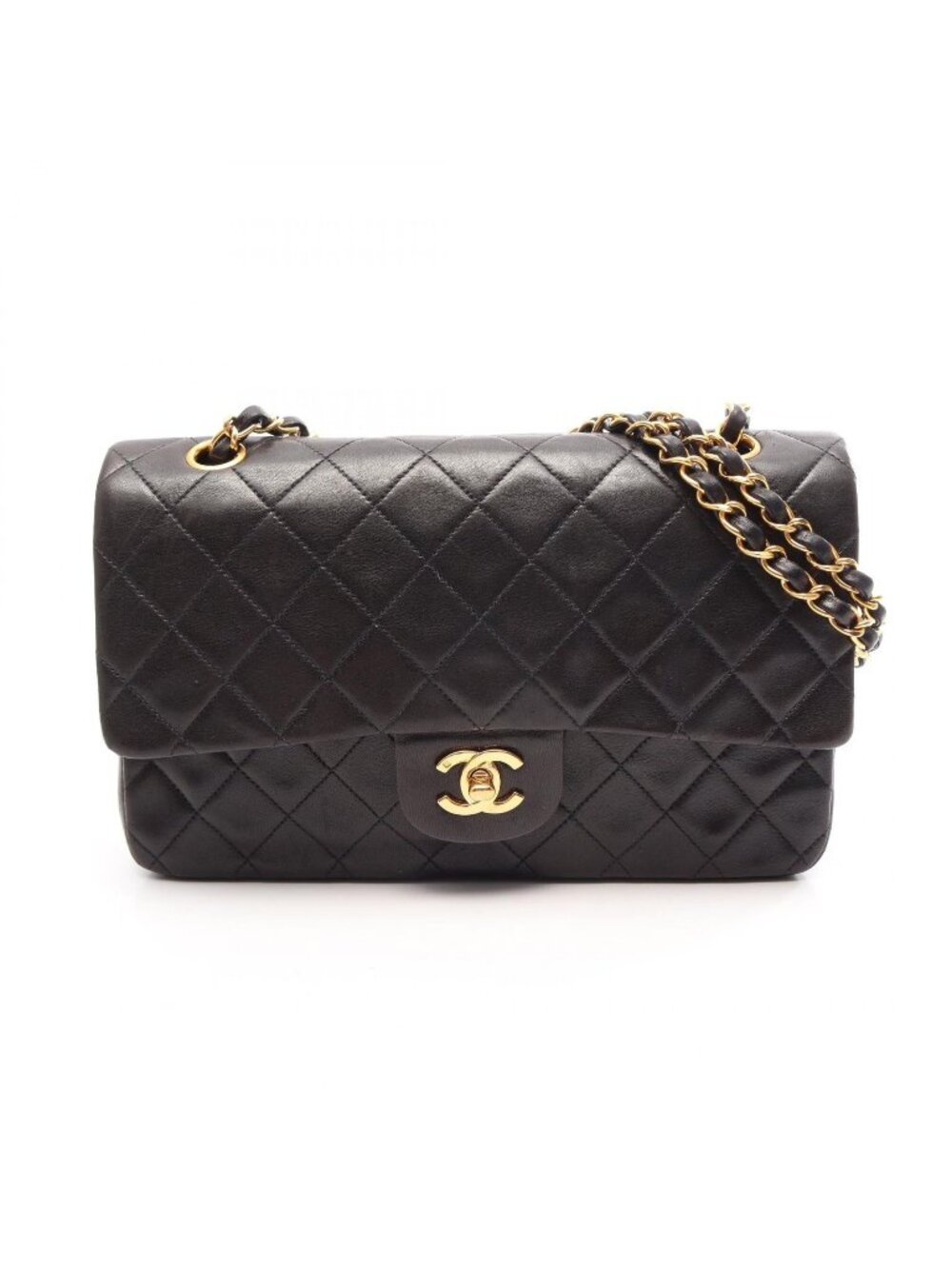 Chanel Shoulder Bag Quilted Double Flap Black Lambskin Chain